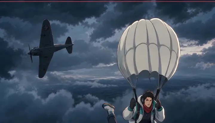 A round parachute opens beneath a passing aircraft. Sample 2 · frame 0156.