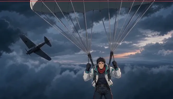 A round parachute opens beneath a passing aircraft. Sample 3 · frame 0212.