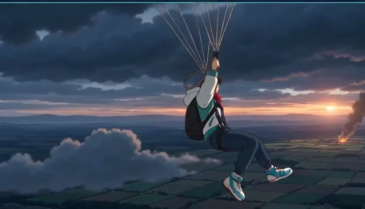 A parachutist pulls down on the suspension straps. Sample 3 · frame 0144.