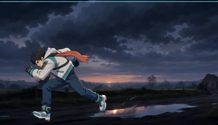 A runner splashes across open ground. Sample 2 · frame 0112.