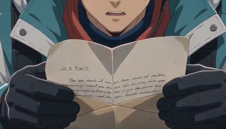 A crew member reads a handwritten letter outdoors. Sample 1 · frame 0064.