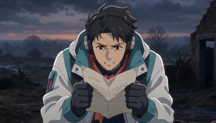 A crew member reads a handwritten letter outdoors. Sample 3 · frame 0144.