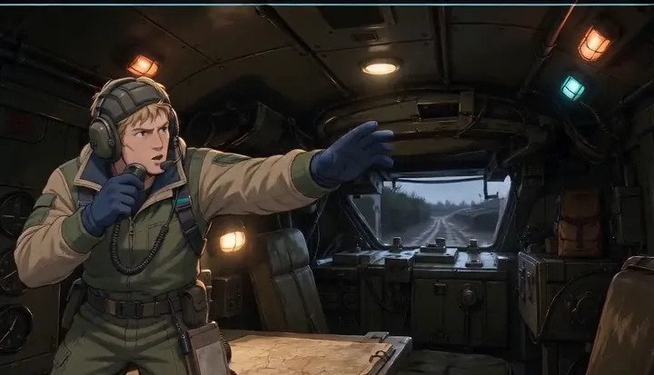 A helmeted radio operator points through the front of an armored vehicle. Sample 1 · frame 0084.