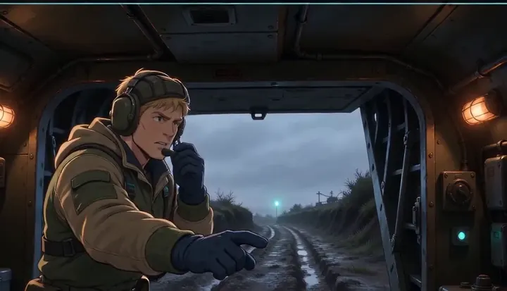 A helmeted radio operator points through the front of an armored vehicle. Sample 2 · frame 0143.