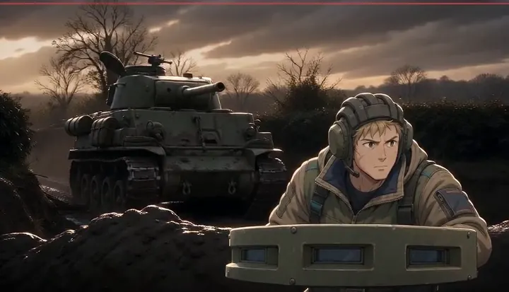 A soldier works behind cover while a tank waits on the road. Sample 2 · frame 0084.