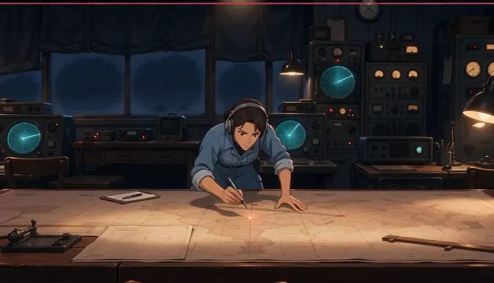 A crew member waits across a map table inside the command room. Sample 3 · frame 0176.