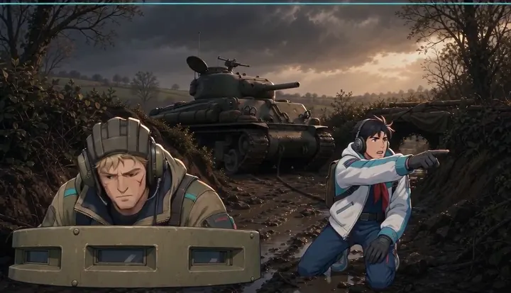 A soldier calls to a crew member beside a tank. Sample 1 · frame 0072.
