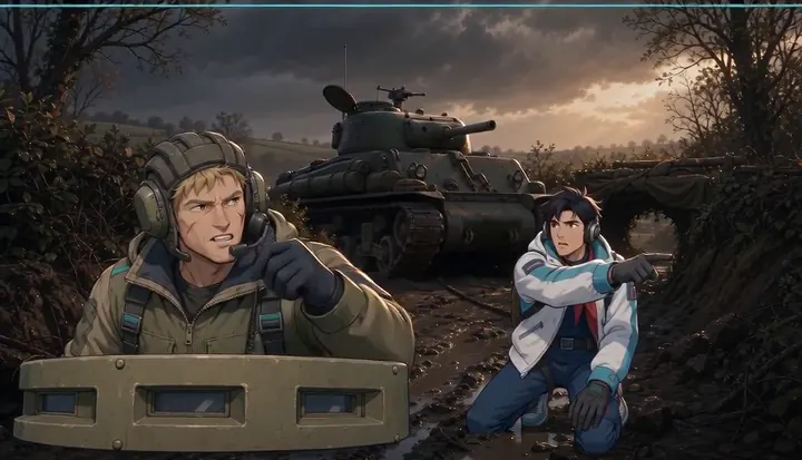 A soldier calls to a crew member beside a tank. Sample 2 · frame 0120.