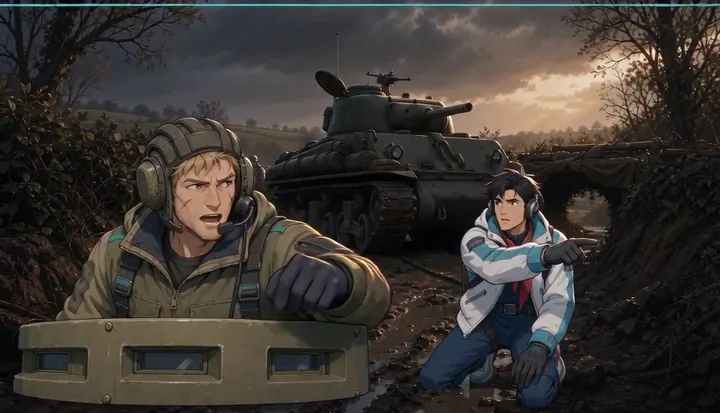 A soldier calls to a crew member beside a tank. Sample 3 · frame 0163.