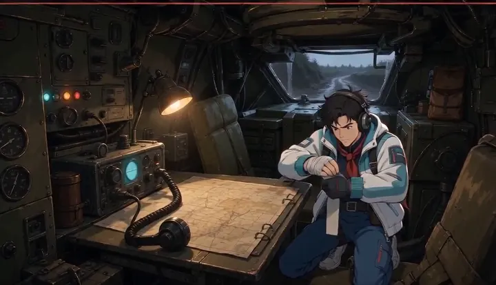 A radio operator leans over a map and microphone. Sample 1 · frame 0064.
