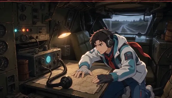 A radio operator leans over a map and microphone. Sample 2 · frame 0144.