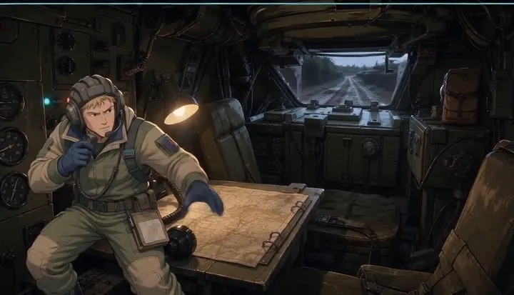 A helmeted crew member turns toward the open hatch. Sample 1 · frame 0043.