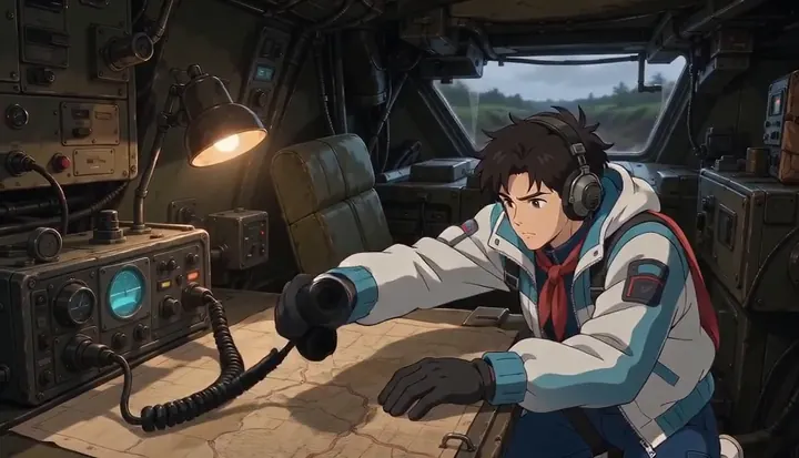A radio operator reaches across the map table. Sample 2 · frame 0156.
