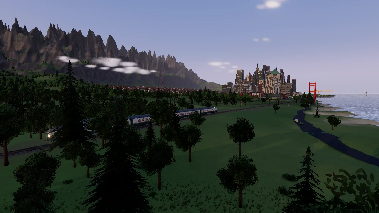 Evening on the coast west of Calder. Pine woods run down to a beach, a red suspension bridge crosses a river mouth, and the city's towers stand at the end of the shore under a jagged mountain range.