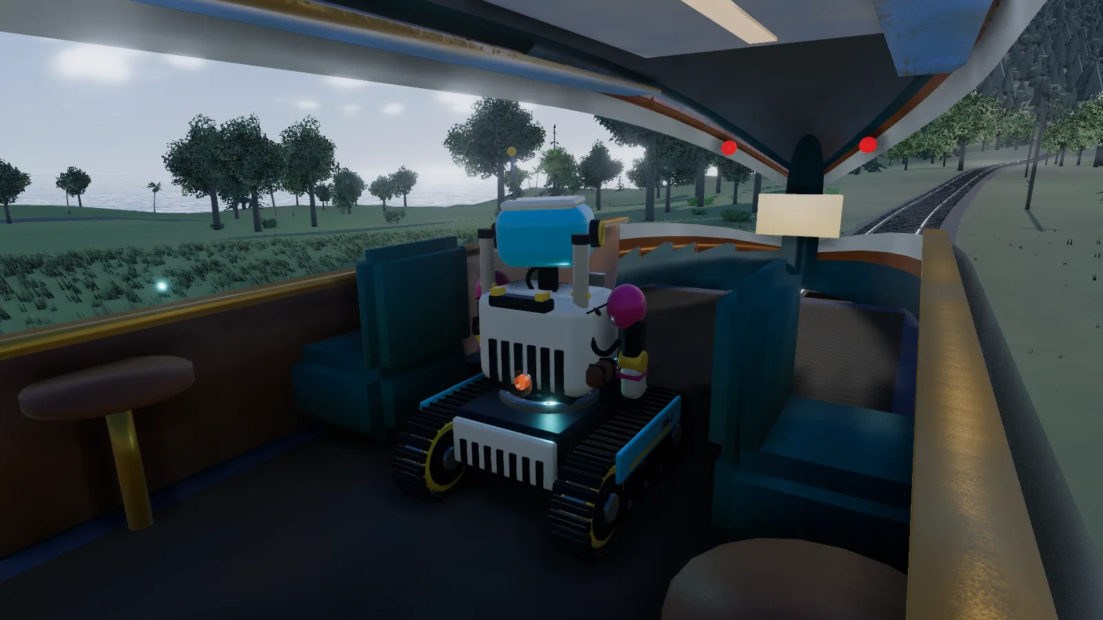 Seven inside the observation car, rolling toward the glass tail.