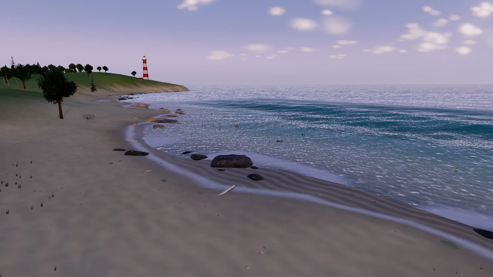 A sandy beach curving toward a red-and-white lighthouse on a green headland, with black lava rocks at the edge of the surf.