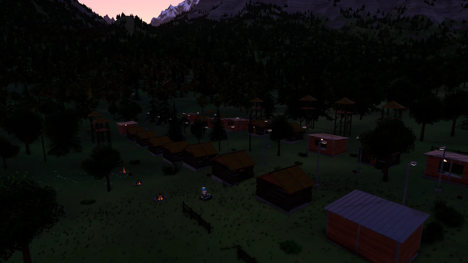 A log town at dusk below pine woods and snowy peaks: rows of cabins and workshops, lookout towers, campfires and lamp posts, with Seven in the middle.