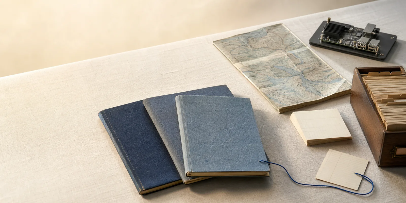 Field notebooks, maps, index cards, and local hardware arranged as a working archive.