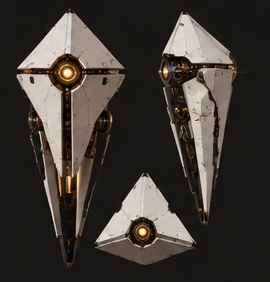 An ivory kite-shaped drone with brass trim and a single amber eye.