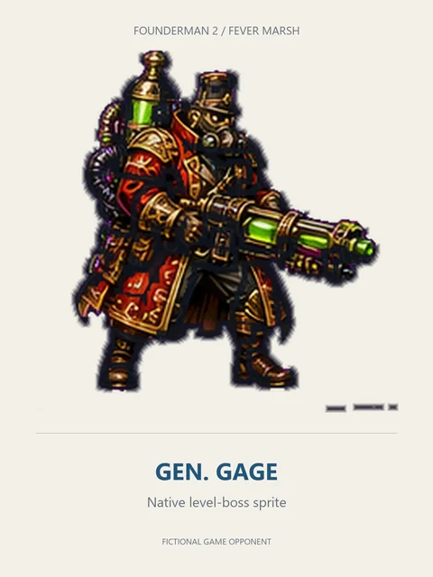 GEN. GAGE as the illustrated armored boss assigned to FEVER MARSH in Founderman 2.