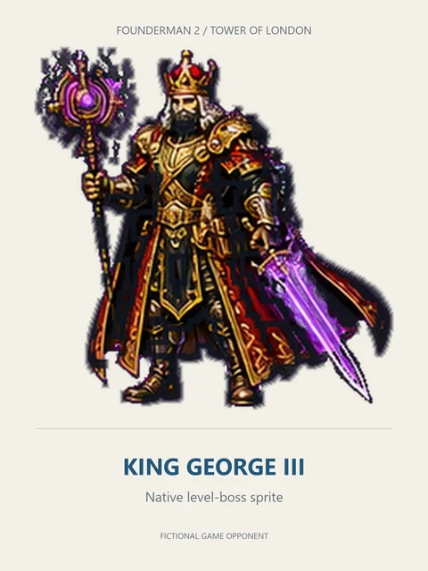 KING GEORGE III as the illustrated armored boss assigned to TOWER OF LONDON in Founderman 2.