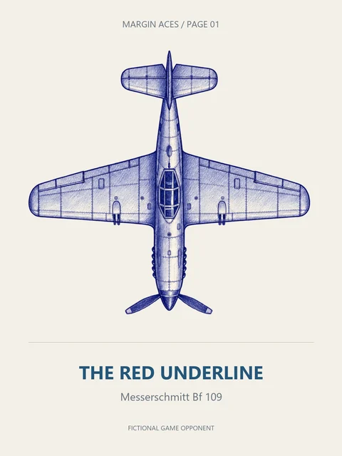A blue-ink Messerschmitt Bf 109 viewed from above, labelled THE RED UNDERLINE.