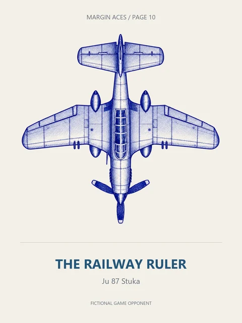 A blue-ink Ju 87 Stuka viewed from above, labelled THE RAILWAY RULER.