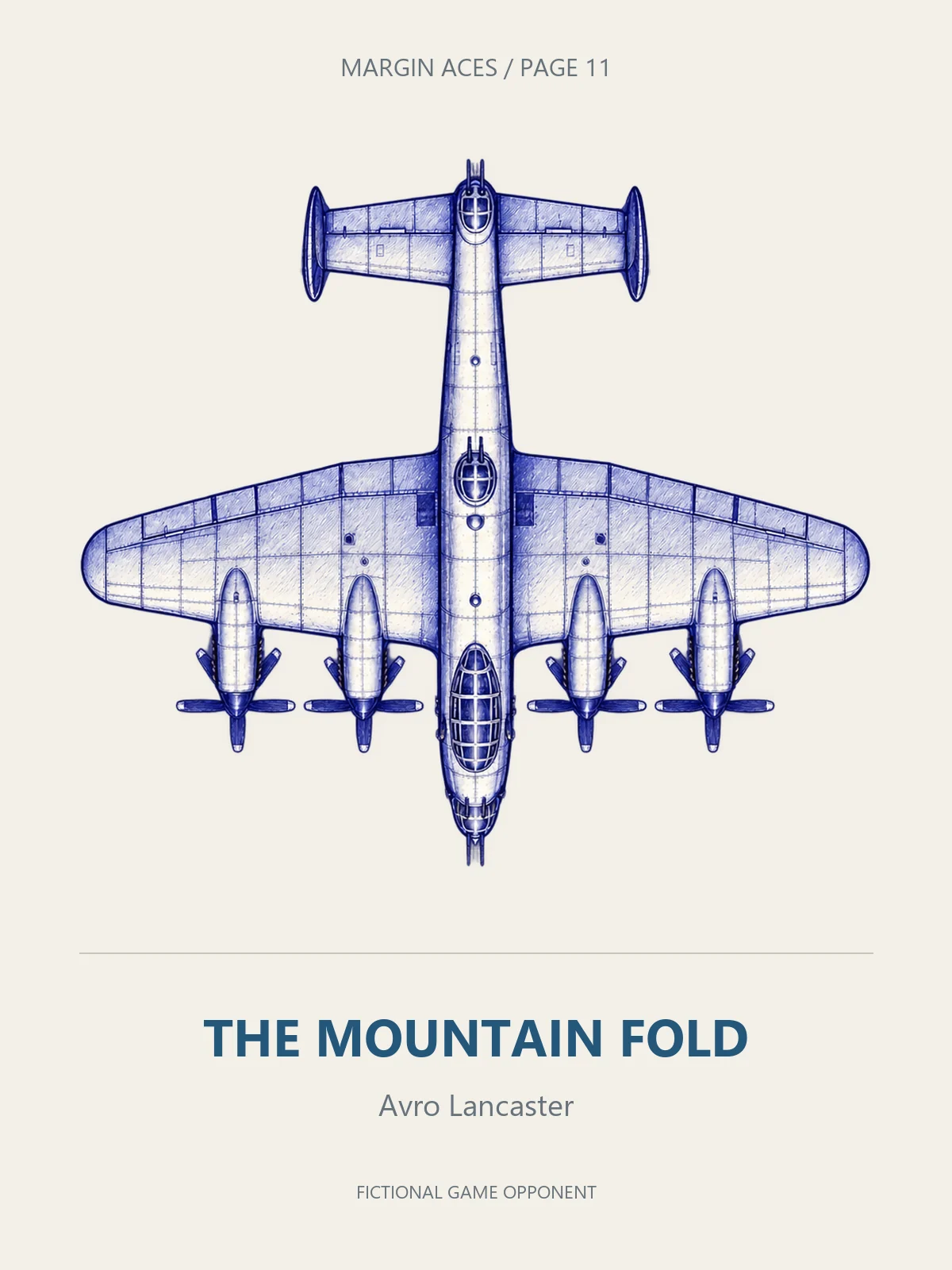 A blue-ink Avro Lancaster viewed from above, labelled THE MOUNTAIN FOLD.