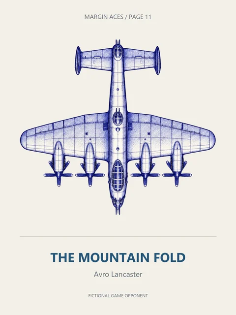 A blue-ink Avro Lancaster viewed from above, labelled THE MOUNTAIN FOLD.
