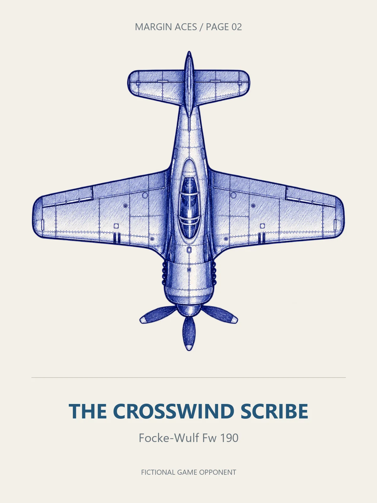 A blue-ink Focke-Wulf Fw 190 viewed from above, labelled THE CROSSWIND SCRIBE.