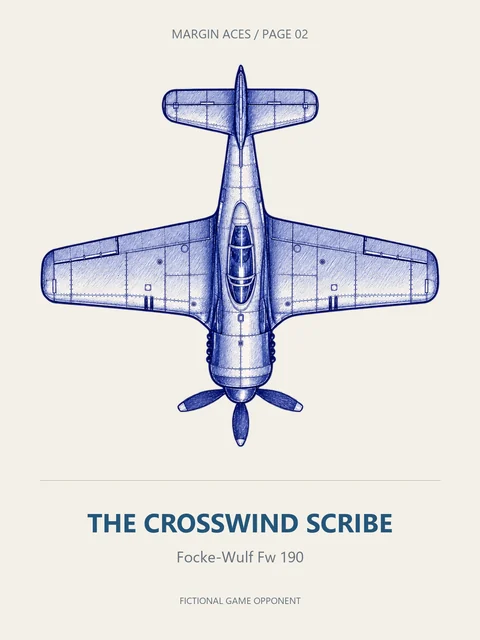 A blue-ink Focke-Wulf Fw 190 viewed from above, labelled THE CROSSWIND SCRIBE.