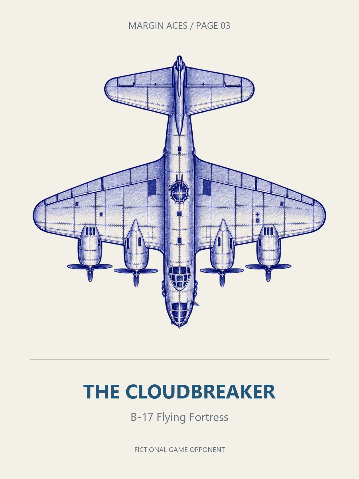 A blue-ink B-17 Flying Fortress viewed from above, labelled THE CLOUDBREAKER.