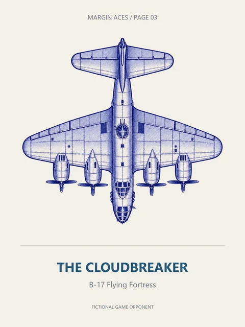 A blue-ink B-17 Flying Fortress viewed from above, labelled THE CLOUDBREAKER.