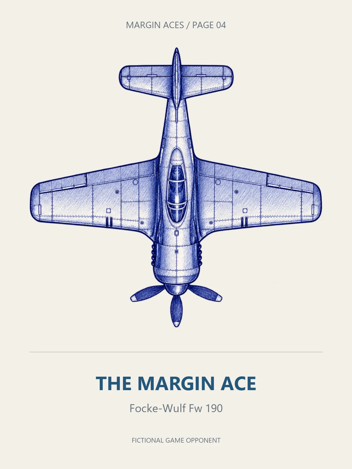 A blue-ink Focke-Wulf Fw 190 viewed from above, labelled THE MARGIN ACE.