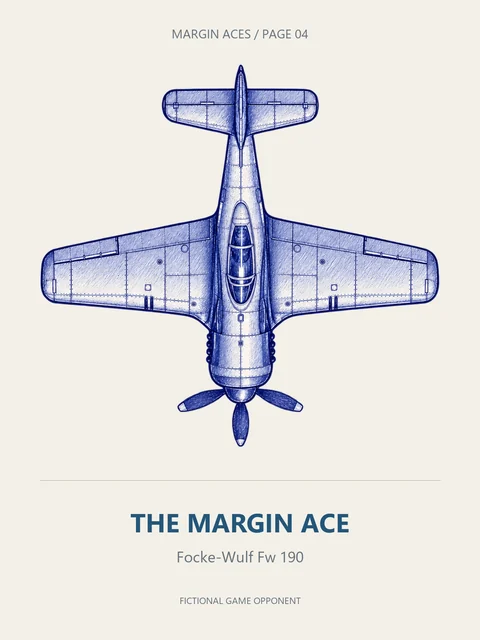 A blue-ink Focke-Wulf Fw 190 viewed from above, labelled THE MARGIN ACE.