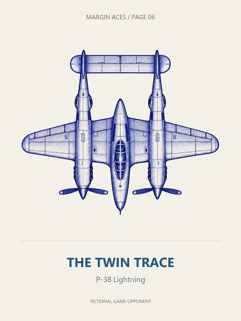 A blue-ink P-38 Lightning viewed from above, labelled THE TWIN TRACE.