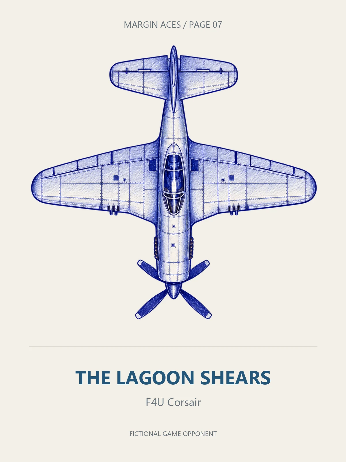 A blue-ink F4U Corsair viewed from above, labelled THE LAGOON SHEARS.