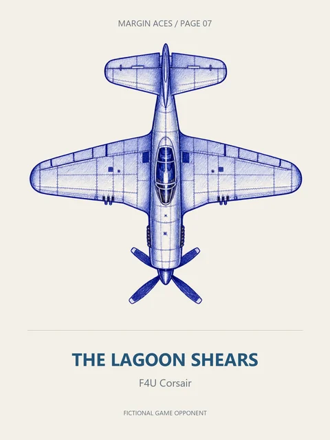 A blue-ink F4U Corsair viewed from above, labelled THE LAGOON SHEARS.