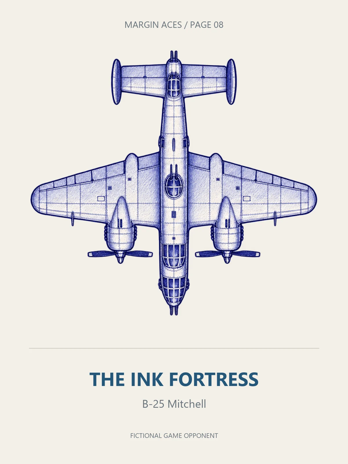 A blue-ink B-25 Mitchell viewed from above, labelled THE INK FORTRESS.