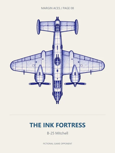 A blue-ink B-25 Mitchell viewed from above, labelled THE INK FORTRESS.