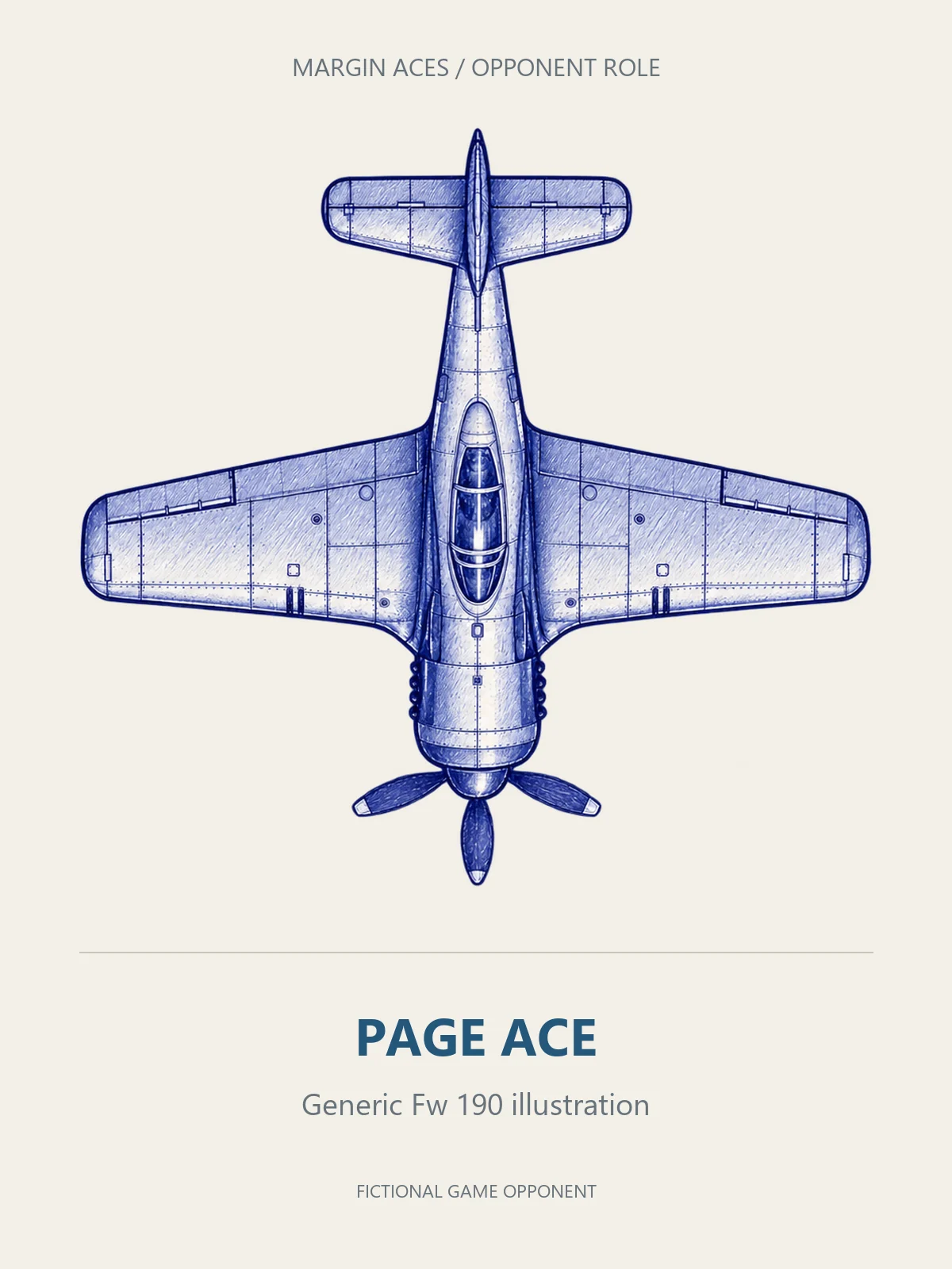 A blue-ink Focke-Wulf Fw 190 viewed from above, labelled Page ace.