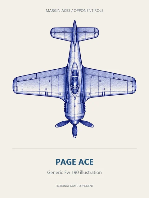 A blue-ink Focke-Wulf Fw 190 viewed from above, labelled Page ace.
