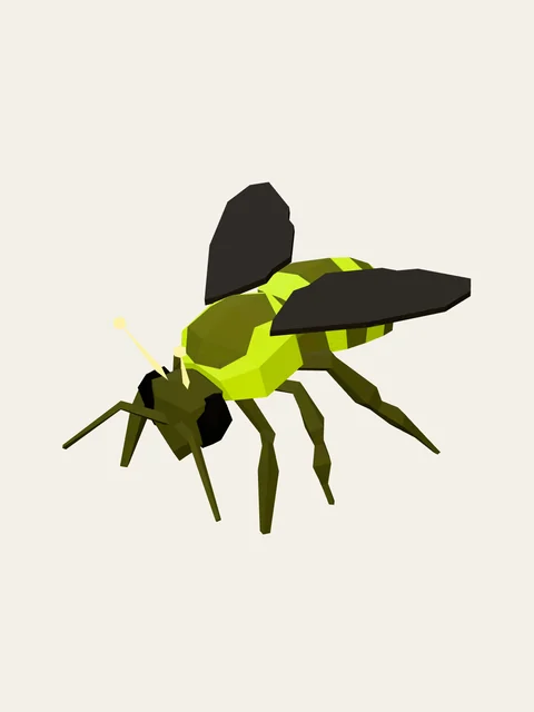 Vesp Drone: a yellow-and-black low-poly flying insect with long feelers and raised dark wings.