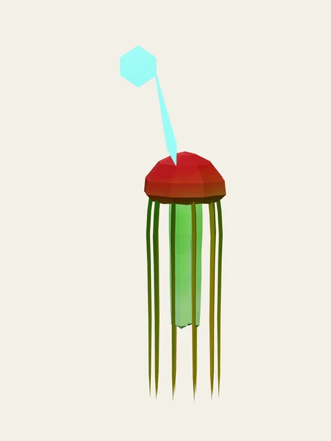 Bell Jelly: a red bell over long green and gold tentacles, with a pale cyan lure above.
