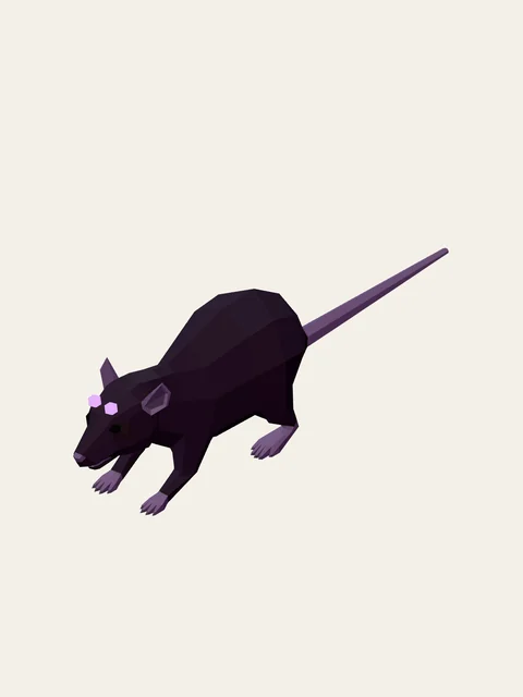 Vault Rat: a violet low-poly rat with a long tail and glowing forehead points.