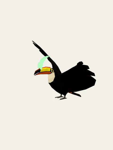 Ember Toucan: a black low-poly bird with an orange-and-yellow beak, pale green crest and raised wings.