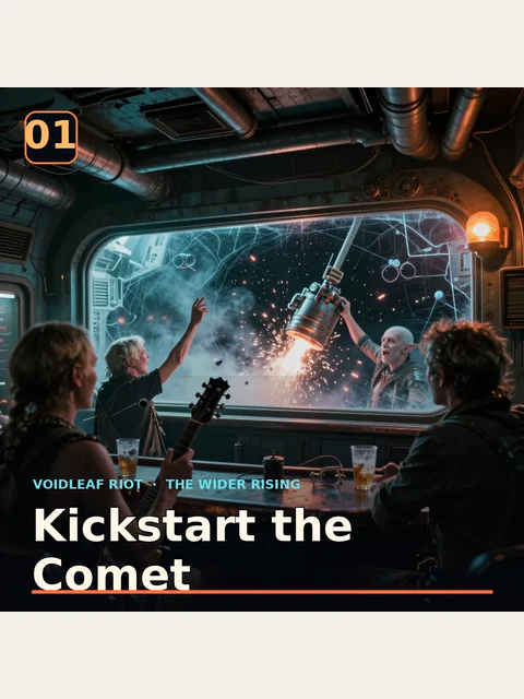 Voidleaf Riot performs inside the Bent Comet in the complete Kickstart the Comet album cover.