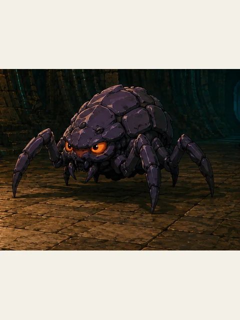 A squat purple plated Cavern Crawler with orange eyes and pointed legs in the ruins.