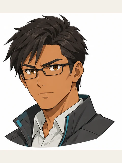 Elias Vale has swept dark hair, rectangular glasses and a graphite jacket with ivory and teal trim.