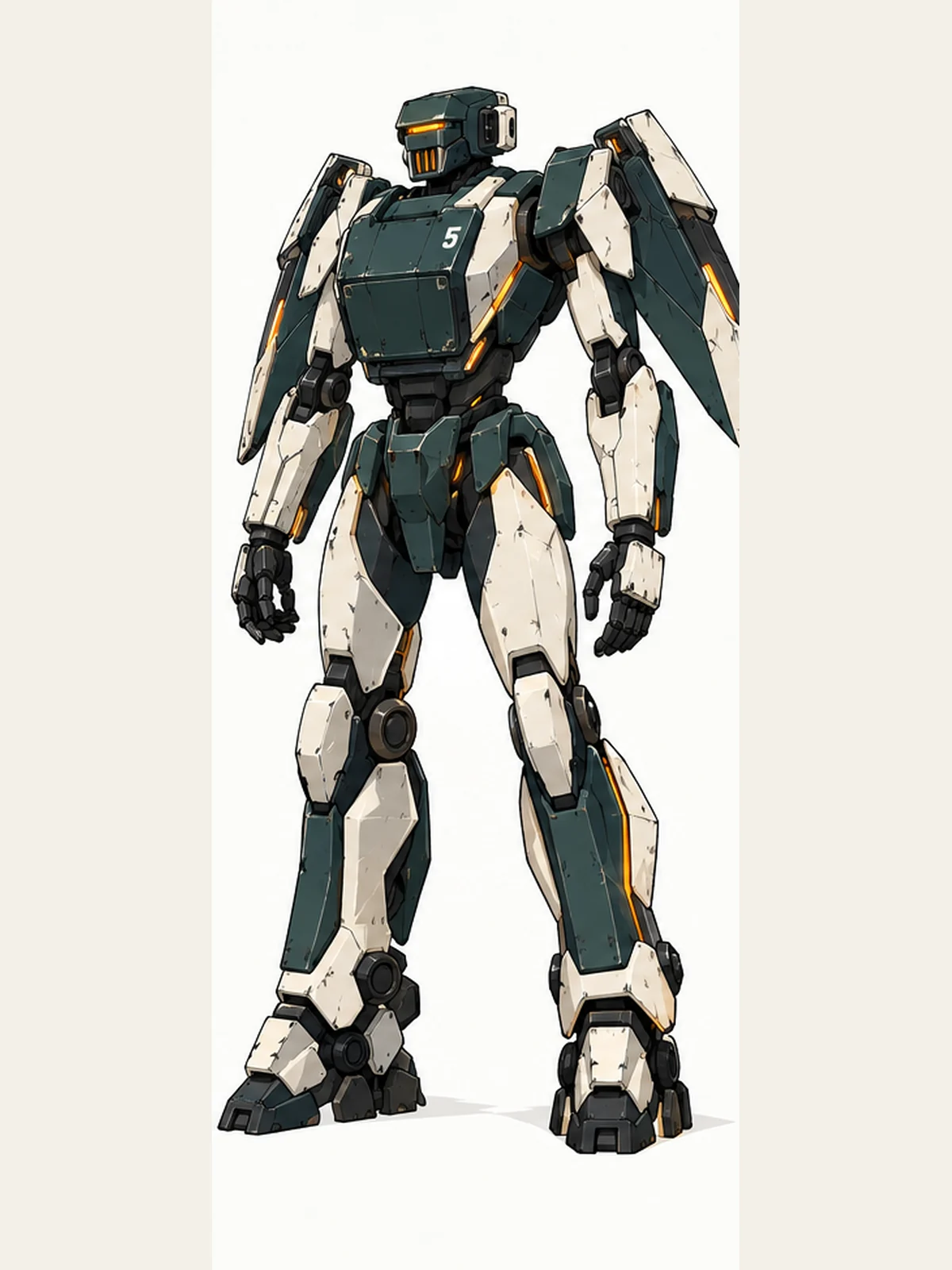 A standing Forge Sentinel with teal-black plates, ivory panels and amber seams.